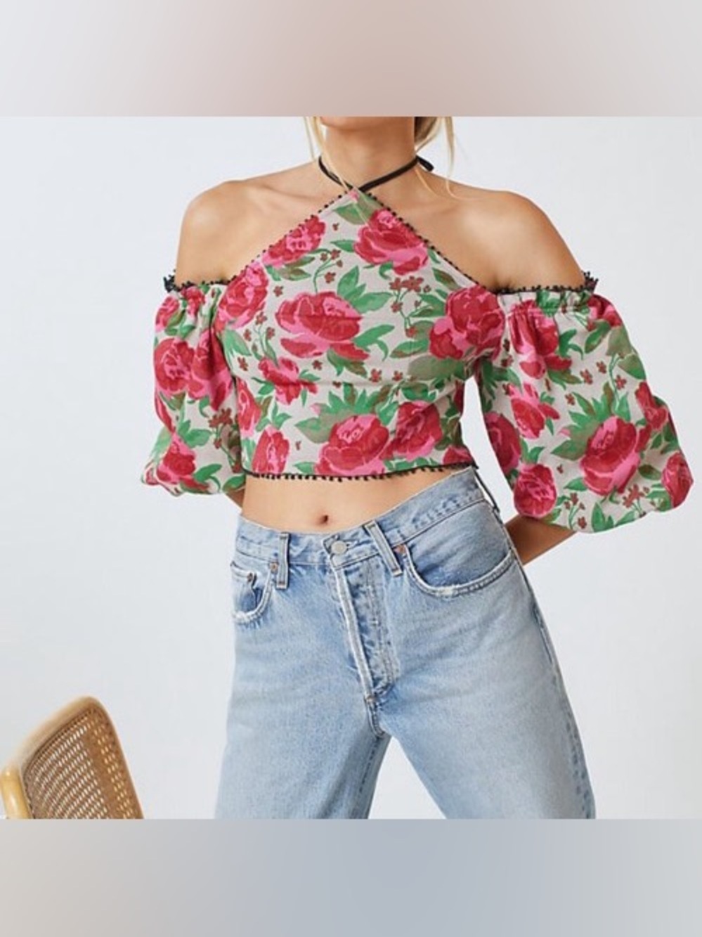 Anthropologie Frida Floral Halter Off Shoulder Puff Sleeve Crop Top L Romantic